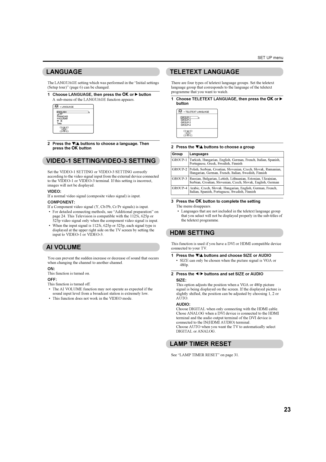 JVC HD-Z56RX5, HD-Z70RX5 Teletext Language, VIDEO-1 SETTING/VIDEO-3 Setting, AI Volume, Hdmi Setting, Lamp Timer Reset 