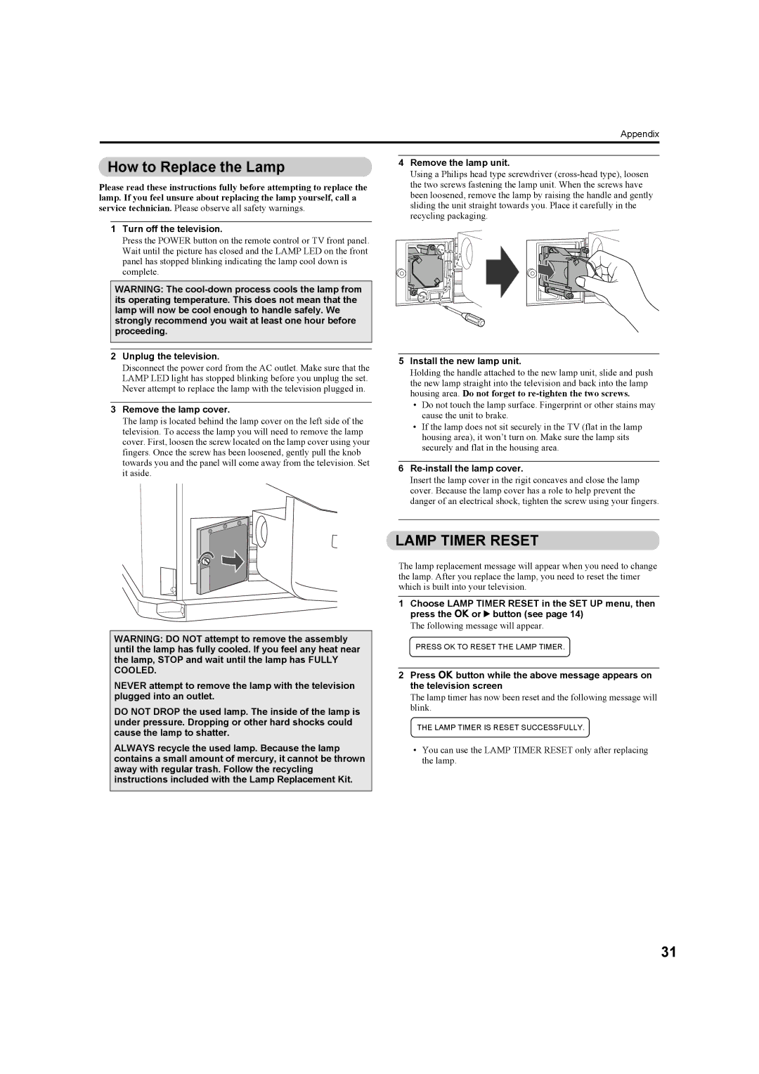 JVC HD-Z56RX5, HD-Z70RX5 manual How to Replace the Lamp 