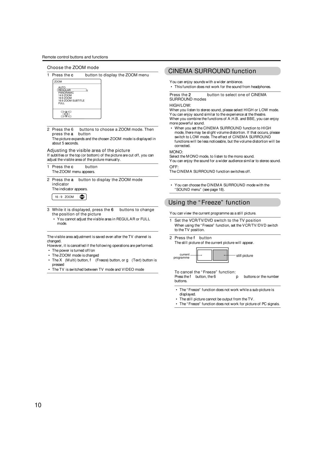 JVC HD-Z56RX5 manual Cinema Surround function, Using the Freeze function, „ Choose the Zoom mode 