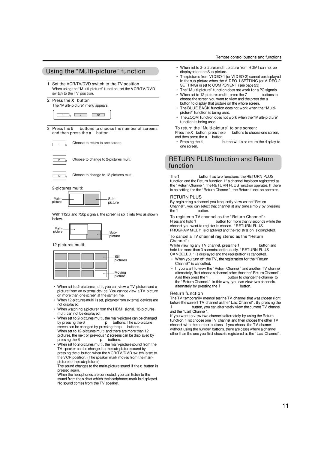 JVC HD-Z56RX5 Using the Multi-picture function, Return Plus function and Return function, „ Return Plus, „ Return function 