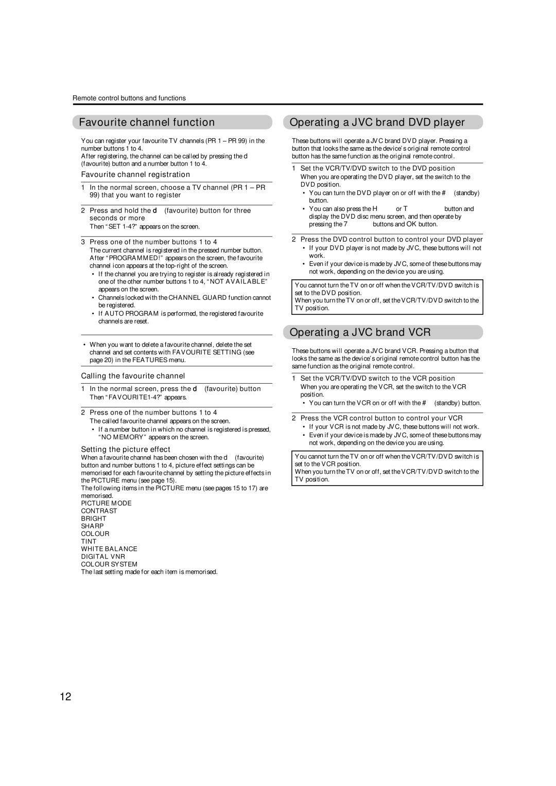 JVC HD-Z56RX5 manual Favourite channel function, Operating a JVC brand DVD player, Operating a JVC brand VCR 