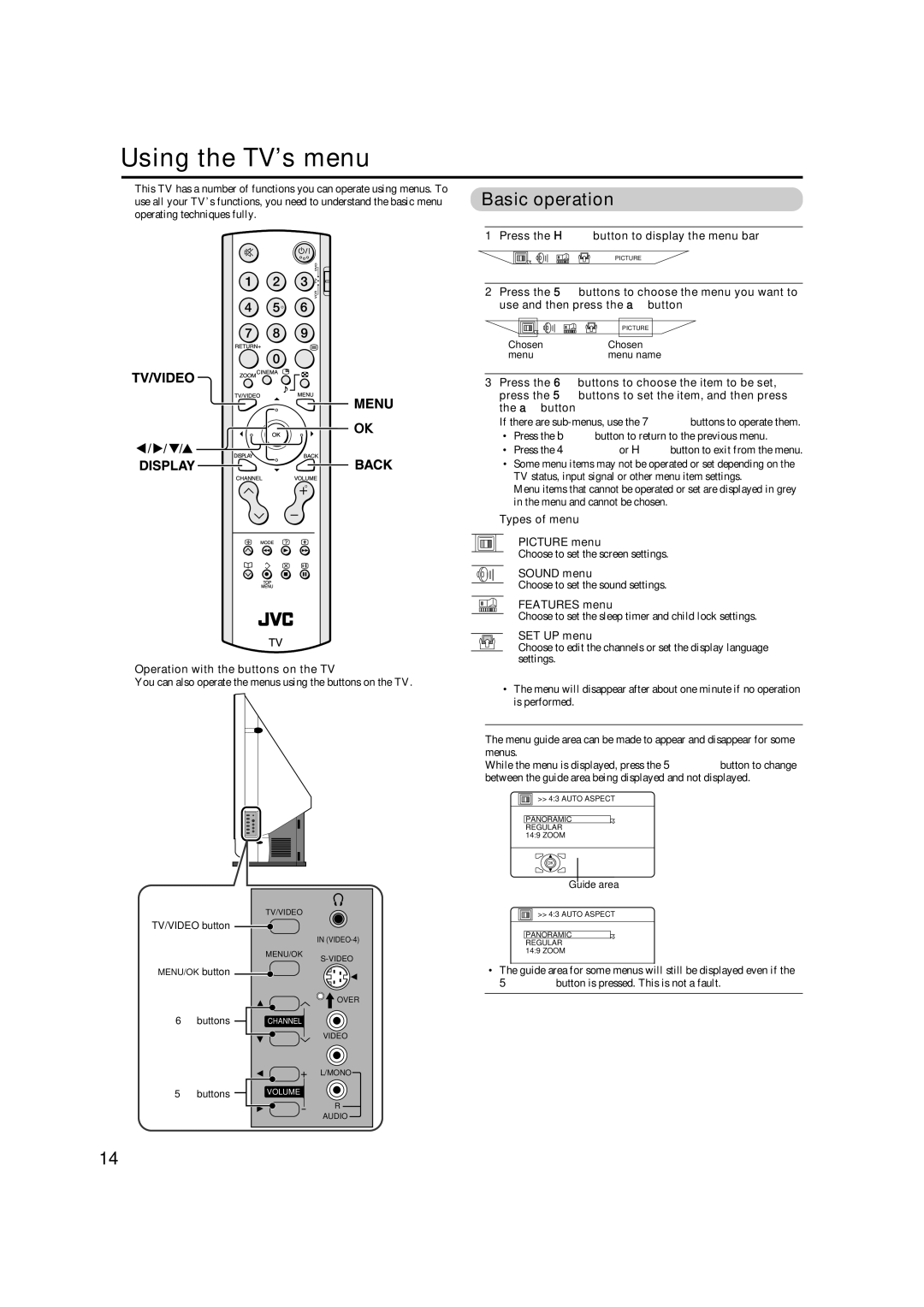 JVC HD-Z56RX5 manual Using the TV’s menu, Operation with the buttons on the TV, Press the Hbutton to display the menu bar 