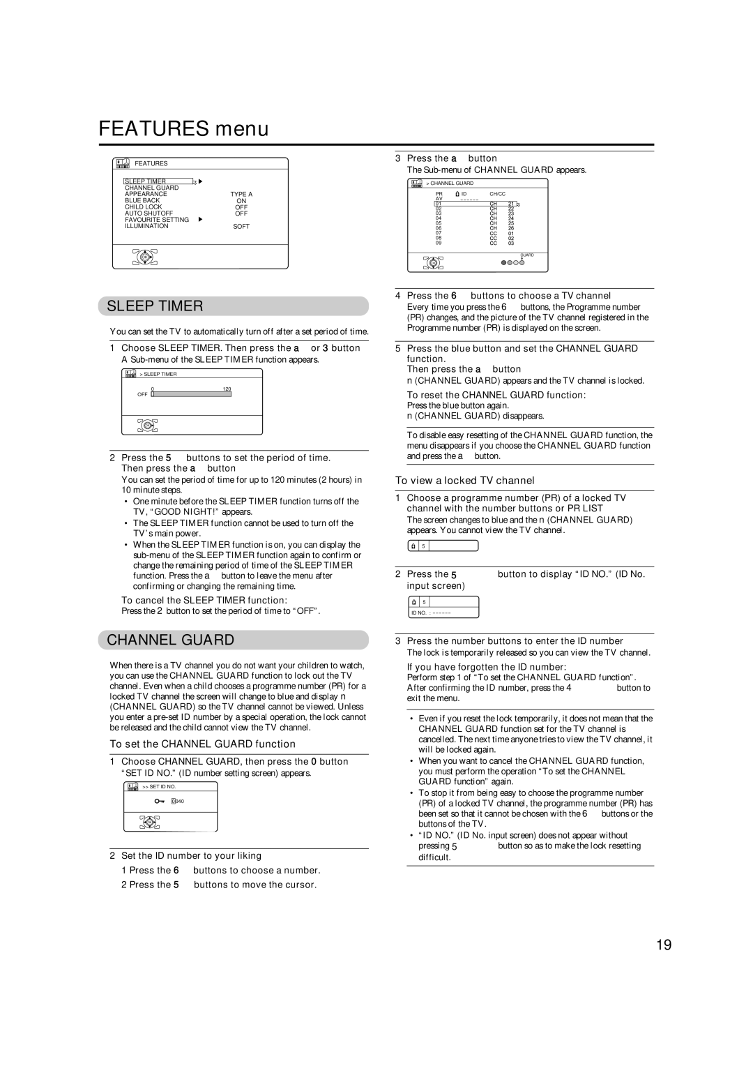 JVC HD-Z56RX5 manual Features menu, Sleep Timer, „ To set the Channel Guard function, „ To view a locked TV channel 