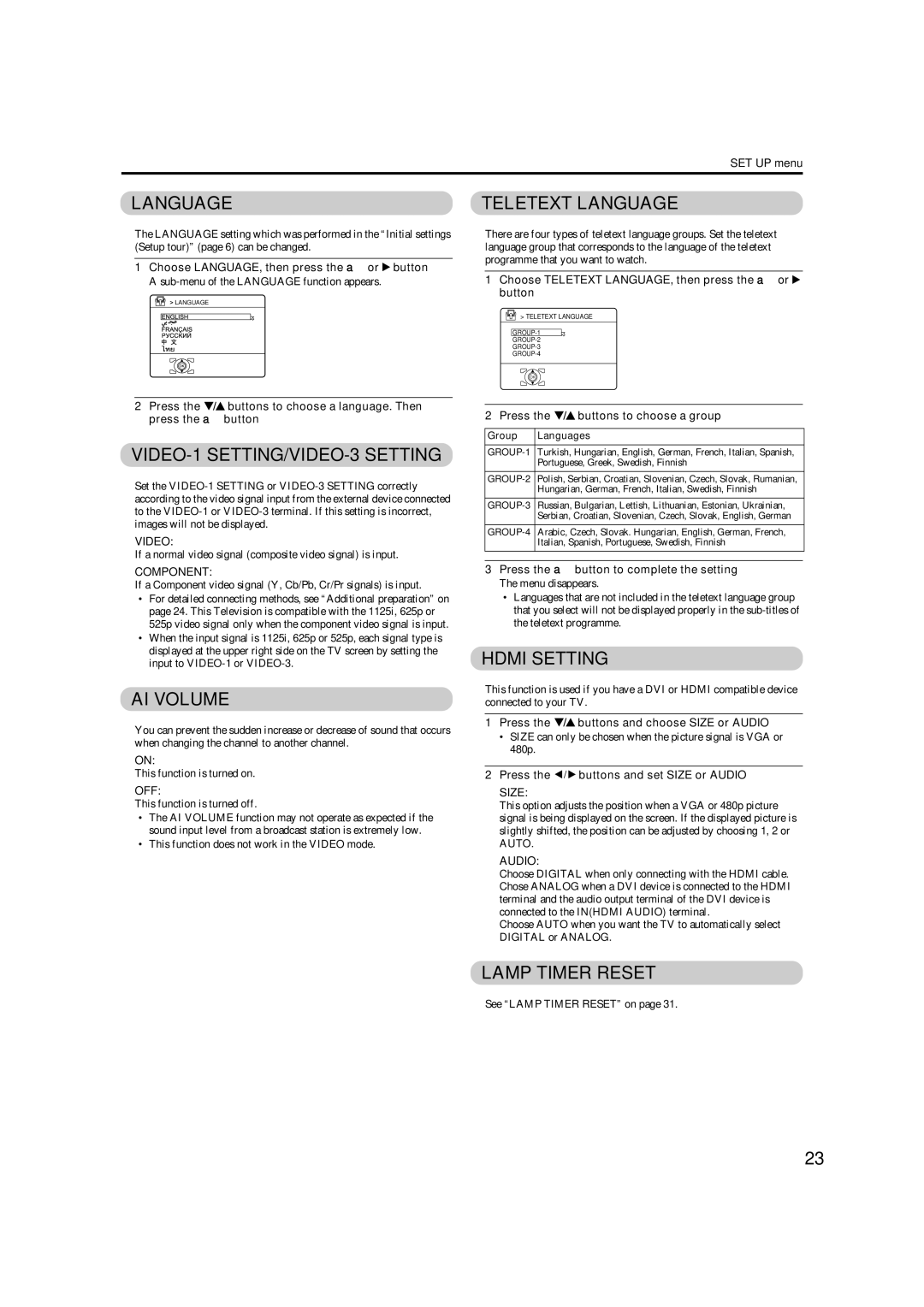 JVC HD-Z56RX5 manual Teletext Language, VIDEO-1 SETTING/VIDEO-3 Setting, AI Volume, Hdmi Setting, Lamp Timer Reset 