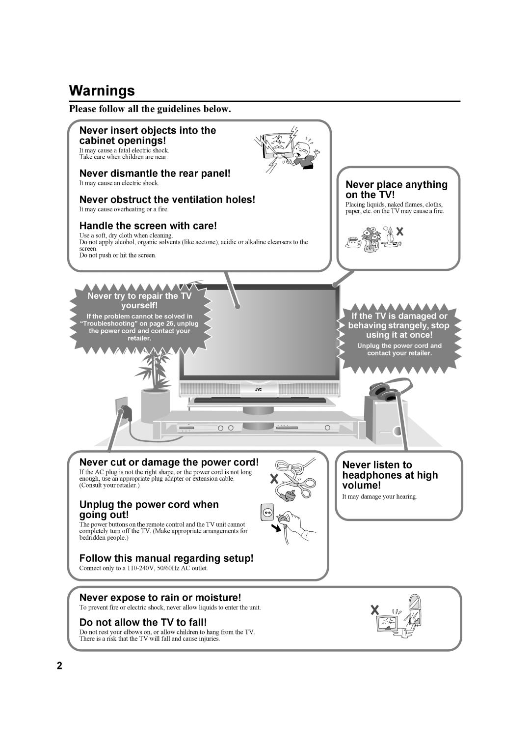 JVC HD-Z56RX5 Never insert objects into the cabinet openings, Never dismantle the rear panel, Handle the screen with care 