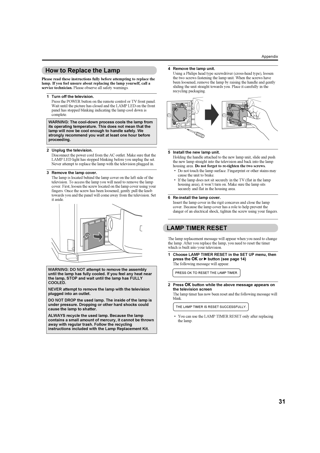 JVC HD-Z56RX5 manual How to Replace the Lamp 