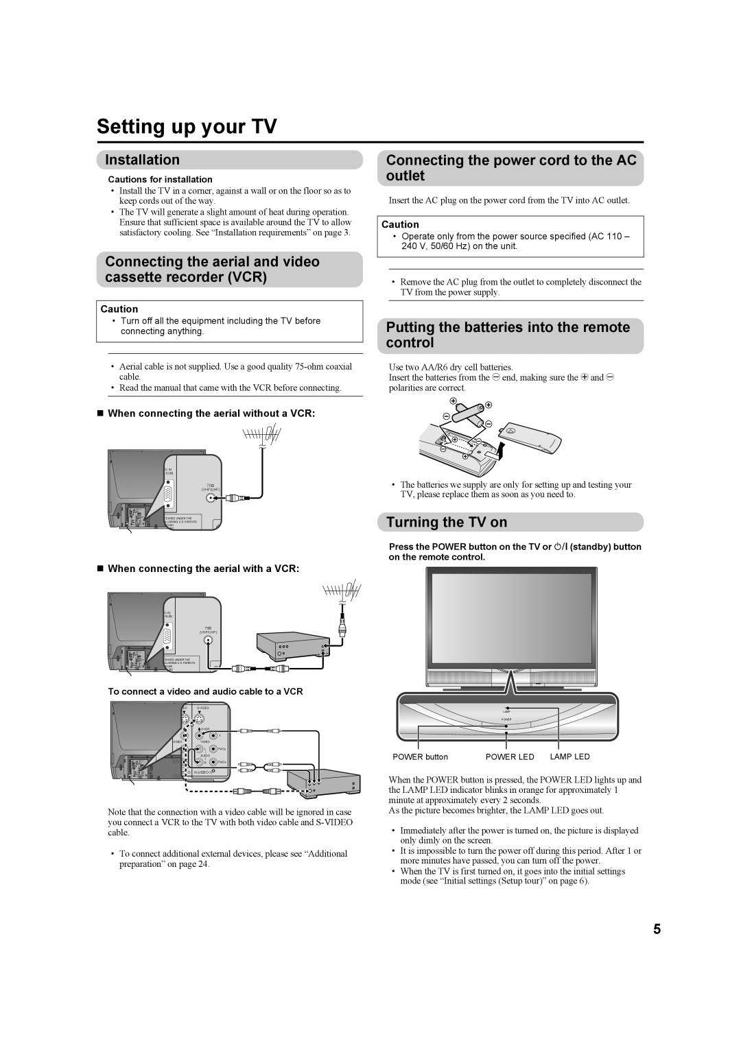 JVC HD-Z56RX5 manual Setting up your TV, Installation, Putting the batteries into the remote control, Turning the TV on 