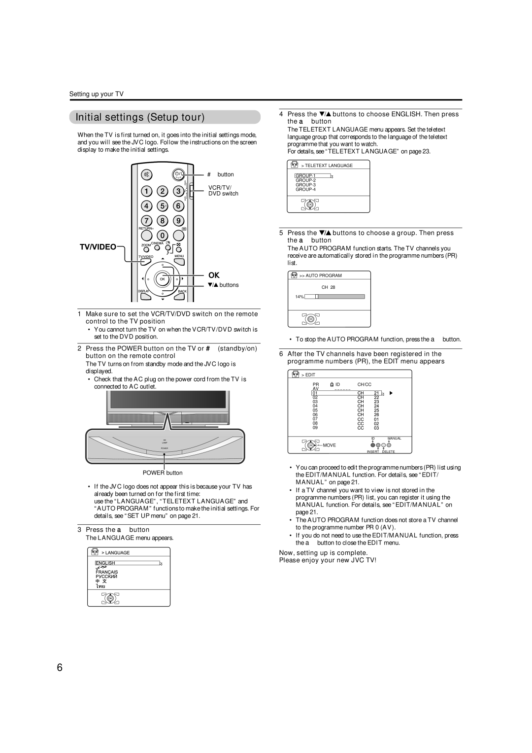 JVC HD-Z56RX5 Initial settings Setup tour, Press the 6 buttons to choose ENGLISH. Then press, A button, Press the a button 