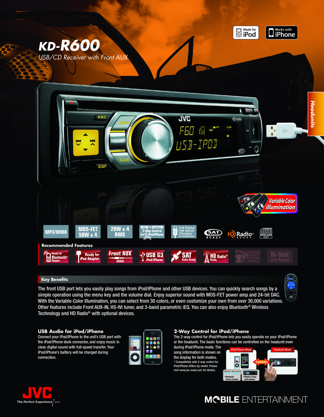 JVC Headunits manual Recommended Features, Ready for, Bluetooth, Key Benefits, Hi-Volt, USB G3, Mos-Fet, 50W, Front AUX 