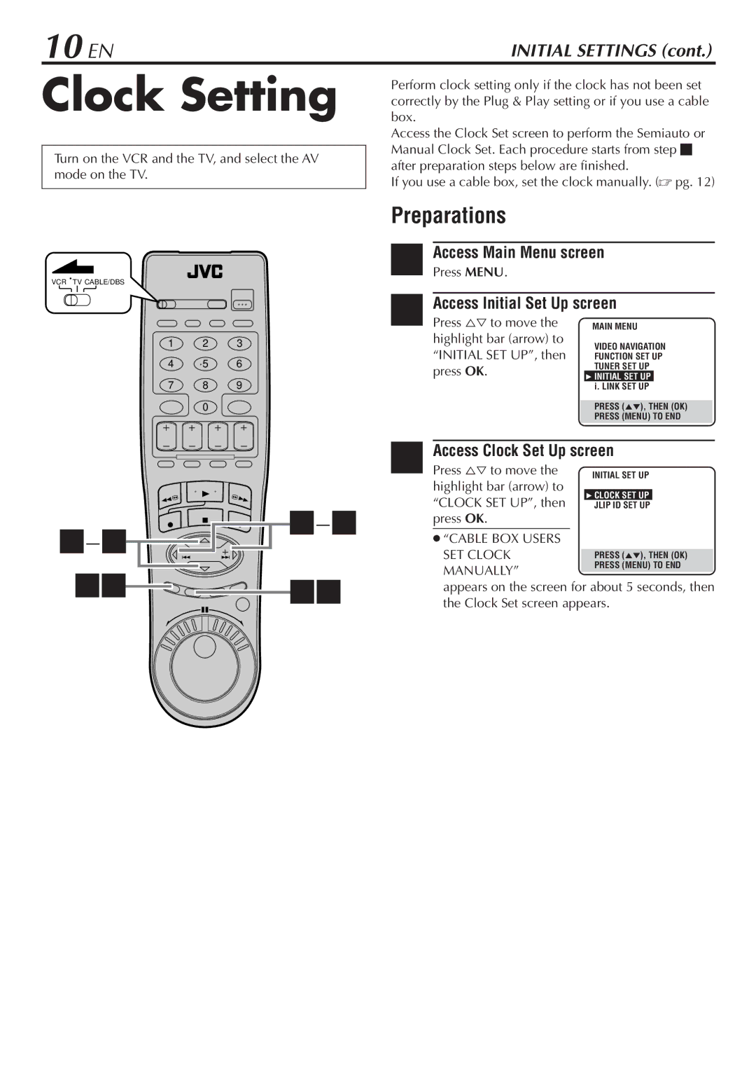 JVC HM-DH30000U manual Clock Setting, 10 EN, Preparations 