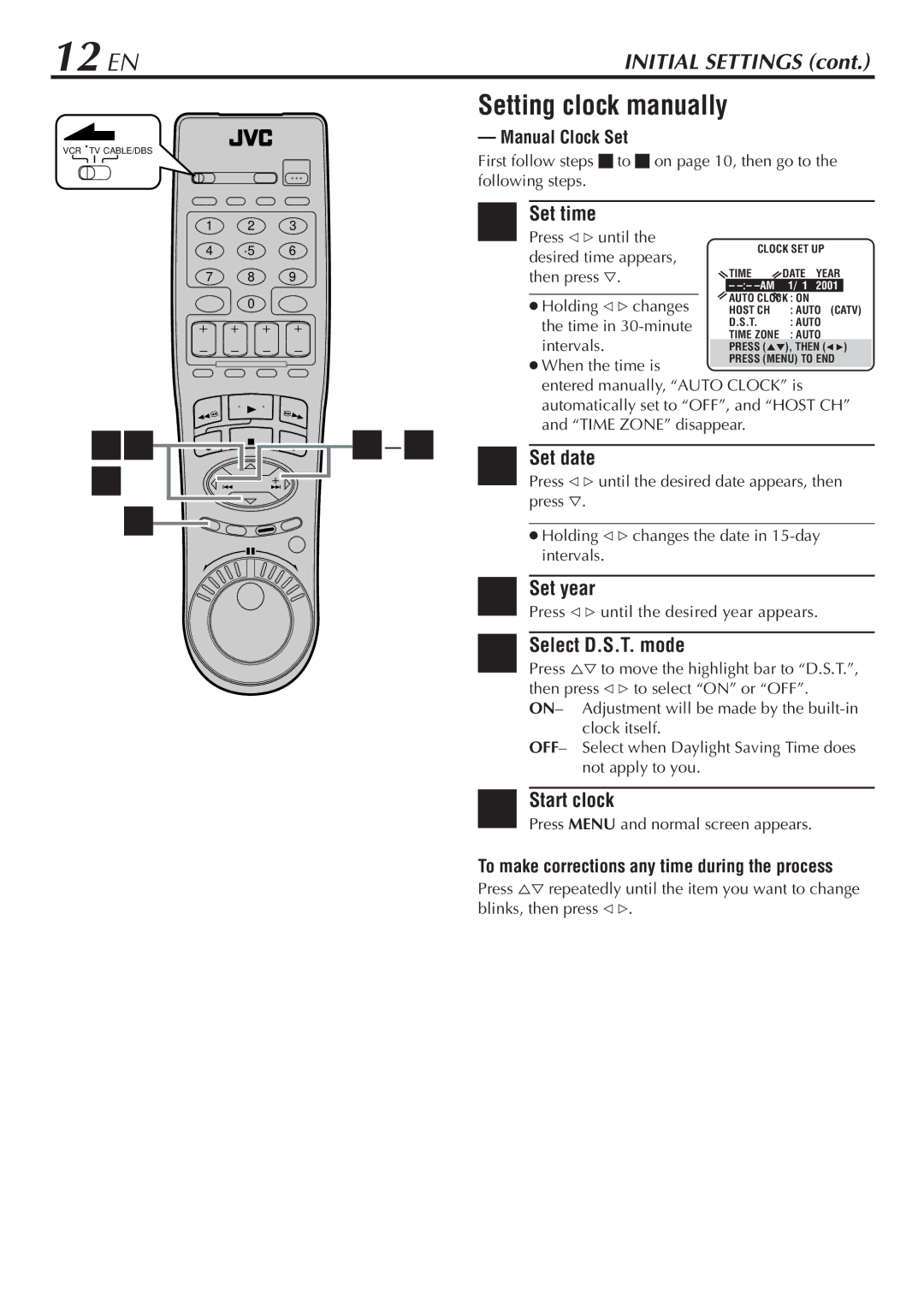 JVC HM-DH30000U 12 EN, Setting clock manually, Set year, Manual Clock Set, To make corrections any time during the process 