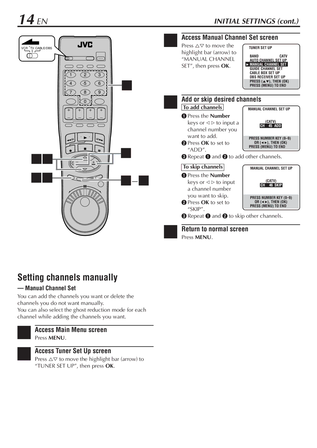 JVC HM-DH30000U 14 EN, Setting channels manually, Access Manual Channel Set screen, Add or skip desired channels 