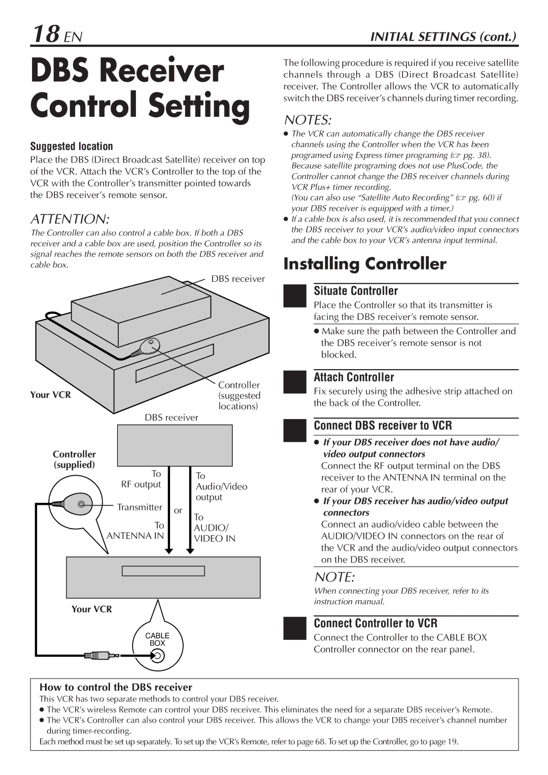 JVC HM-DH30000U manual 18 EN, Connect DBS receiver to VCR, How to control the DBS receiver, Antenna Video 