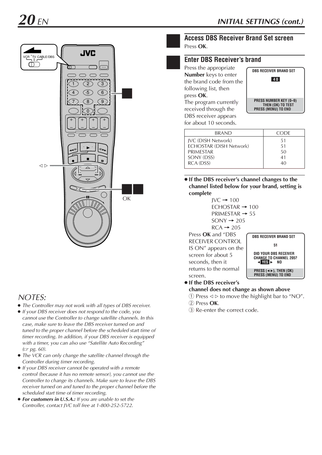 JVC HM-DH30000U manual 20 EN, Enter DBS Receiver’s brand, AccessPress OKDBS. Receiver Brand Set screen, Receiver Control 