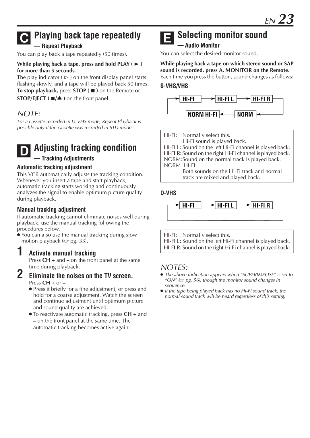 JVC HM-DH30000U manual Playing back tape repeatedly, Adjusting tracking condition, Selecting monitor sound 