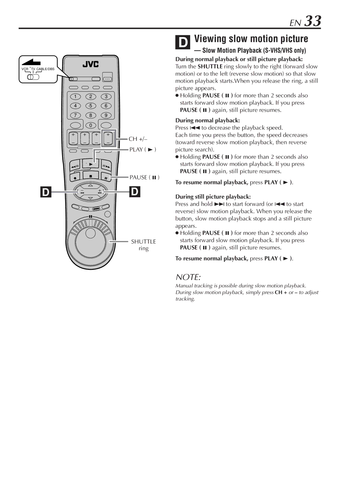 JVC HM-DH30000U manual Viewing slow motion picture, Slow Motion Playback S-VHS/VHS only, Ch +, During normal playback 