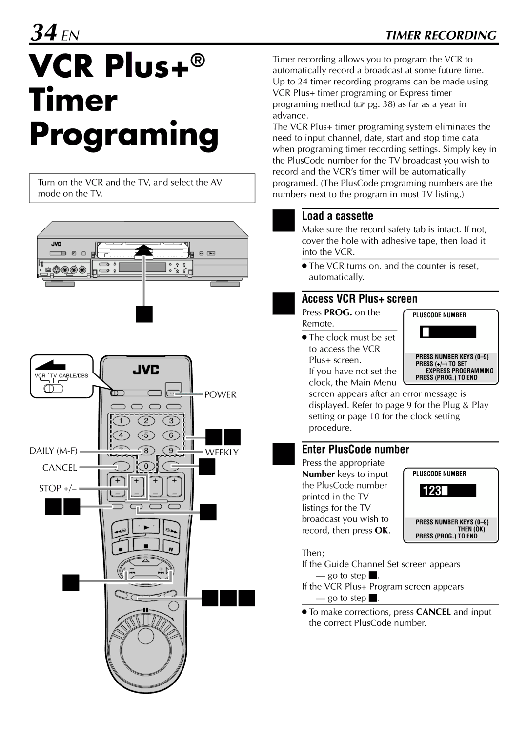 JVC HM-DH30000U manual VCR Plus+ Timer Programing, 34 EN, Access VCR Plus+ screen, Daily M-F Cancel 