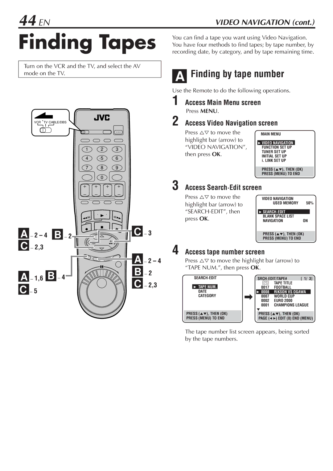 JVC HM-DH30000U manual Finding Tapes, 44 EN, Finding by tape number, Access Search·Edit screen, Access tape number screen 