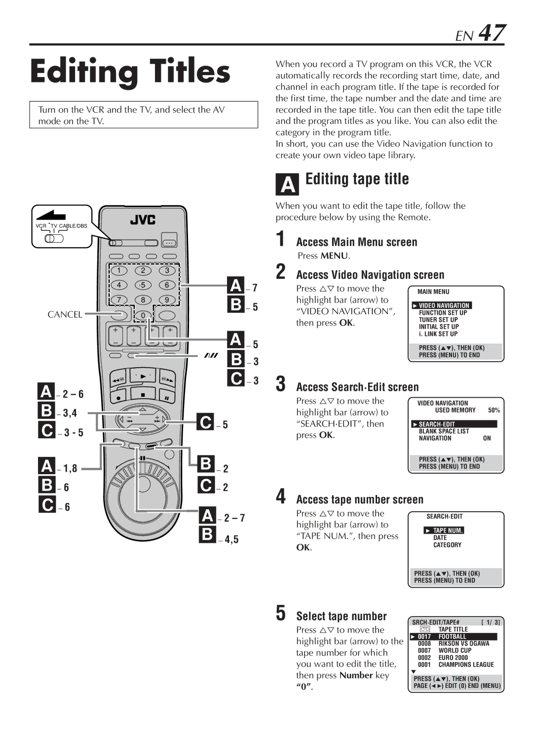 JVC HM-DH30000U manual Editing Titles, Editing tape title, 4 C 3, 7 B 4,5 