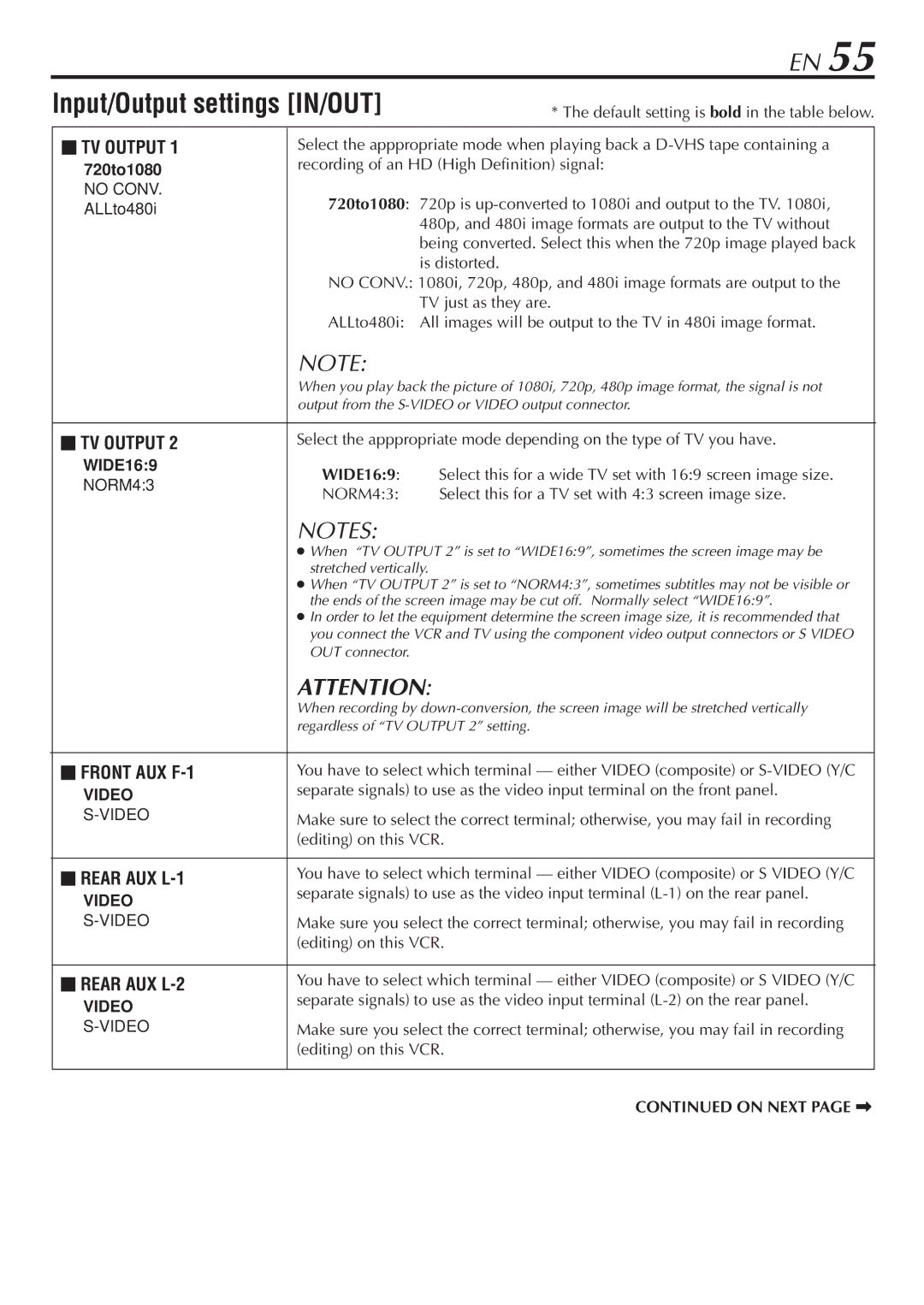 JVC HM-DH30000U manual Input/Output settings IN/OUT 