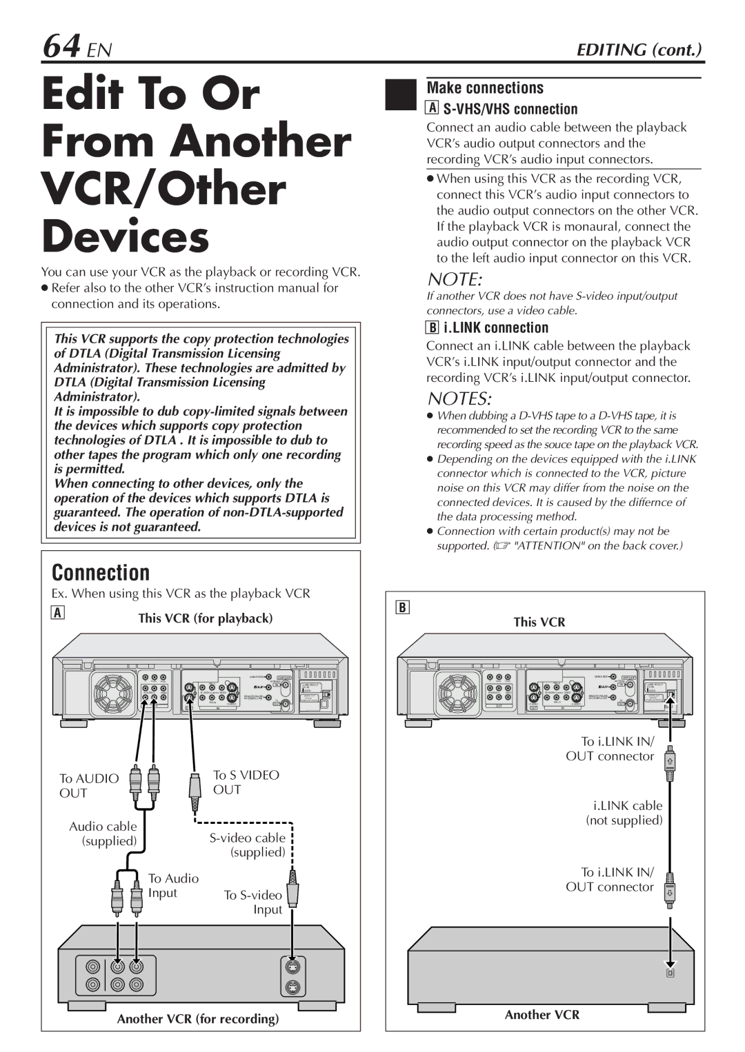 JVC HM-DH30000U manual Edit To Or From Another VCR/Other Devices, 64 EN, VHS/VHS connection, Link connection 