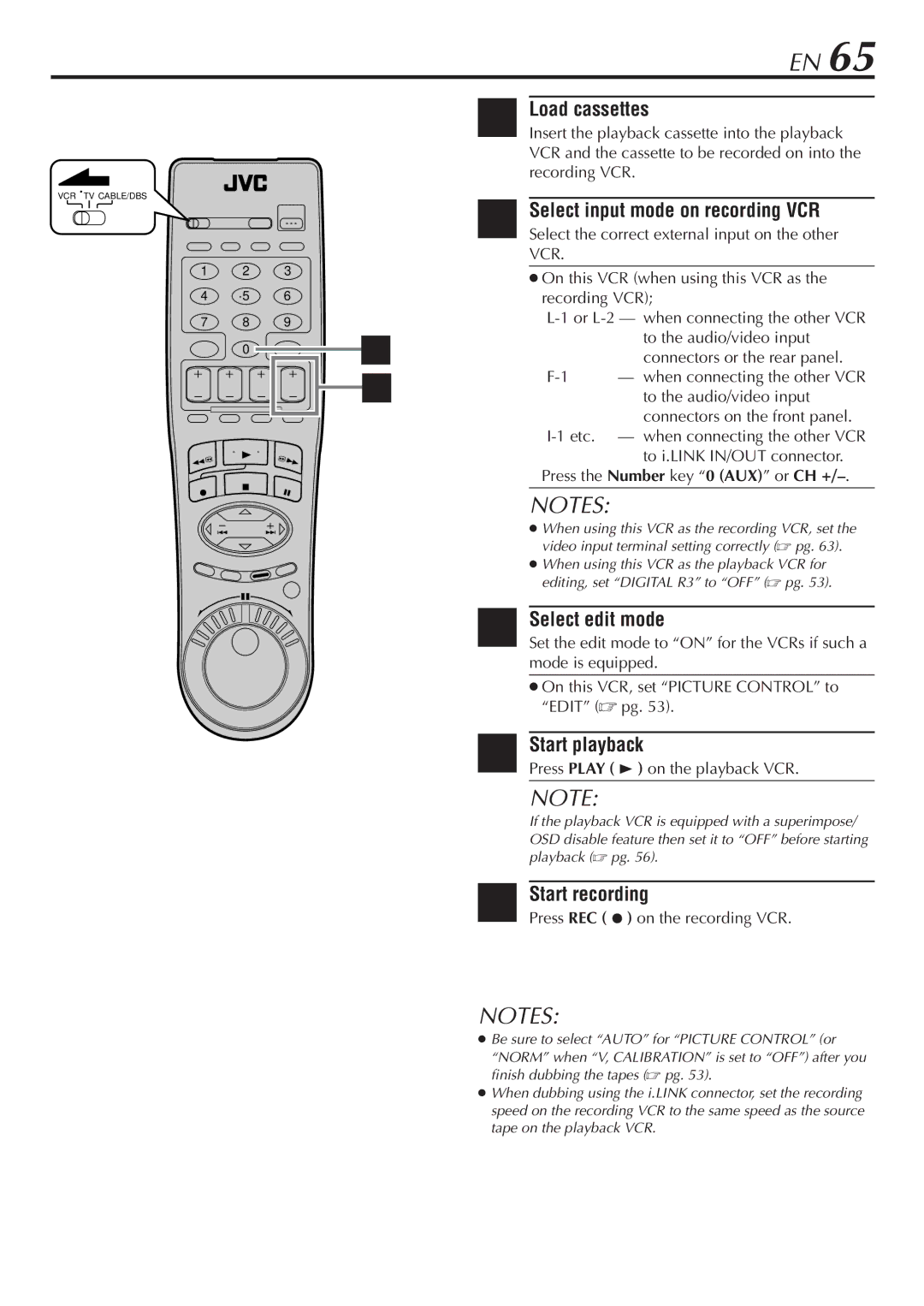 JVC HM-DH30000U Load cassettes, Select input mode on recording VCR, Select edit mode, Press Play 3 on the playback VCR 