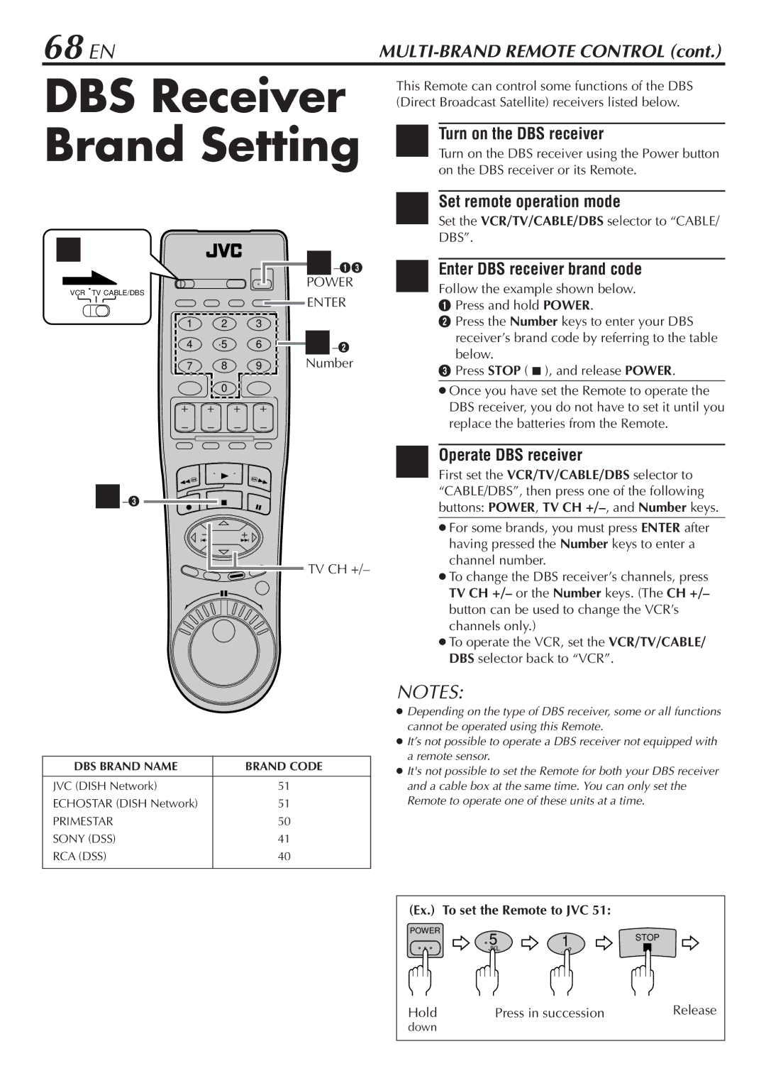 JVC HM-DH30000U manual DBS Receiver Brand Setting, 68 EN, Turn on the DBS receiver, Enter DBS receiver brand code 