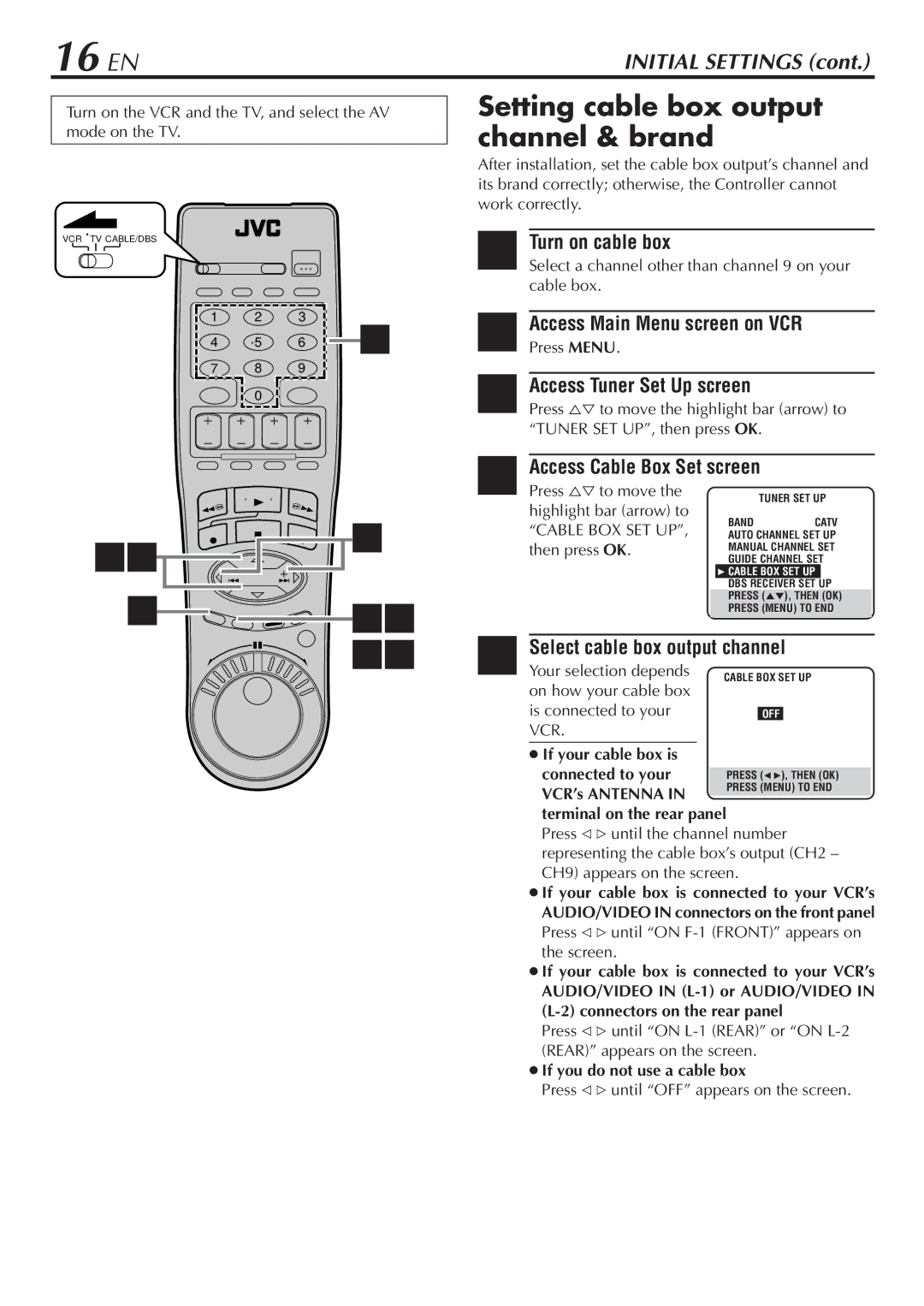 JVC HM-DH30000U manual 16 EN, Turn on cable box, Access Main Menu screen on VCR, Access Cable Box Set screen 