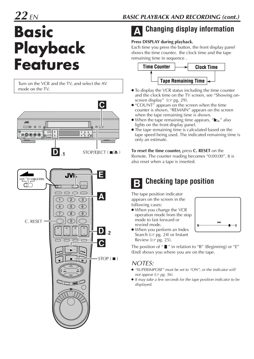 JVC HM-DH30000U manual Basic Playback Features, 22 EN, Changing display information, Checking tape position, Time Counter 