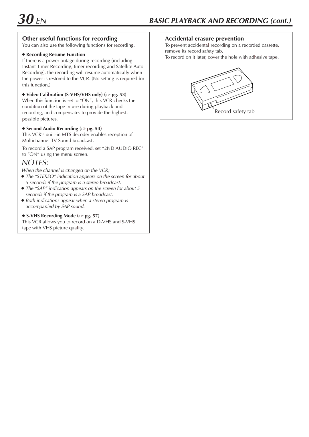 JVC HM-DH30000U manual 30 EN, Other useful functions for recording, Accidental erasure prevention, Record safety tab 