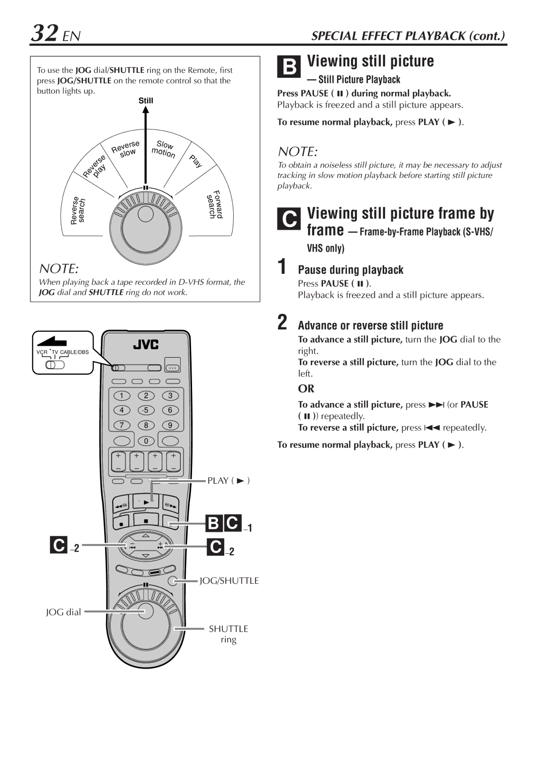 JVC HM-DH30000U manual 32 EN, Viewing still picture, Pause during playback, Advance or reverse still picture 