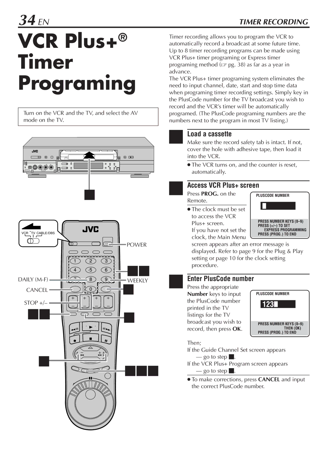 JVC HM-DH30000U manual VCR Plus+ Timer Programing, 34 EN, Access VCR Plus+ screen, Daily M-F Cancel 