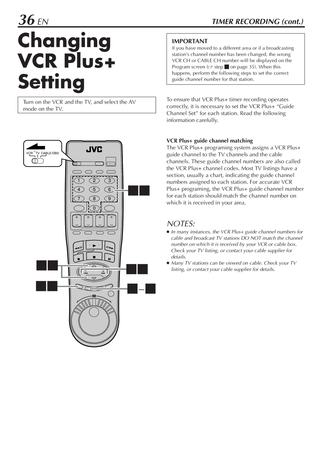 JVC HM-DH30000U manual Changing VCR Plus+ Setting, 36 EN, VCR Plus+ guide channel matching 