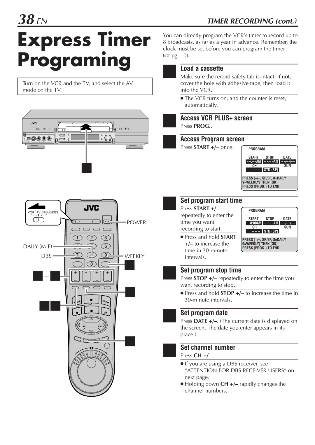 JVC HM-DH30000U manual Express Timer Programing, 38 EN, Set program stop time, Set program date 