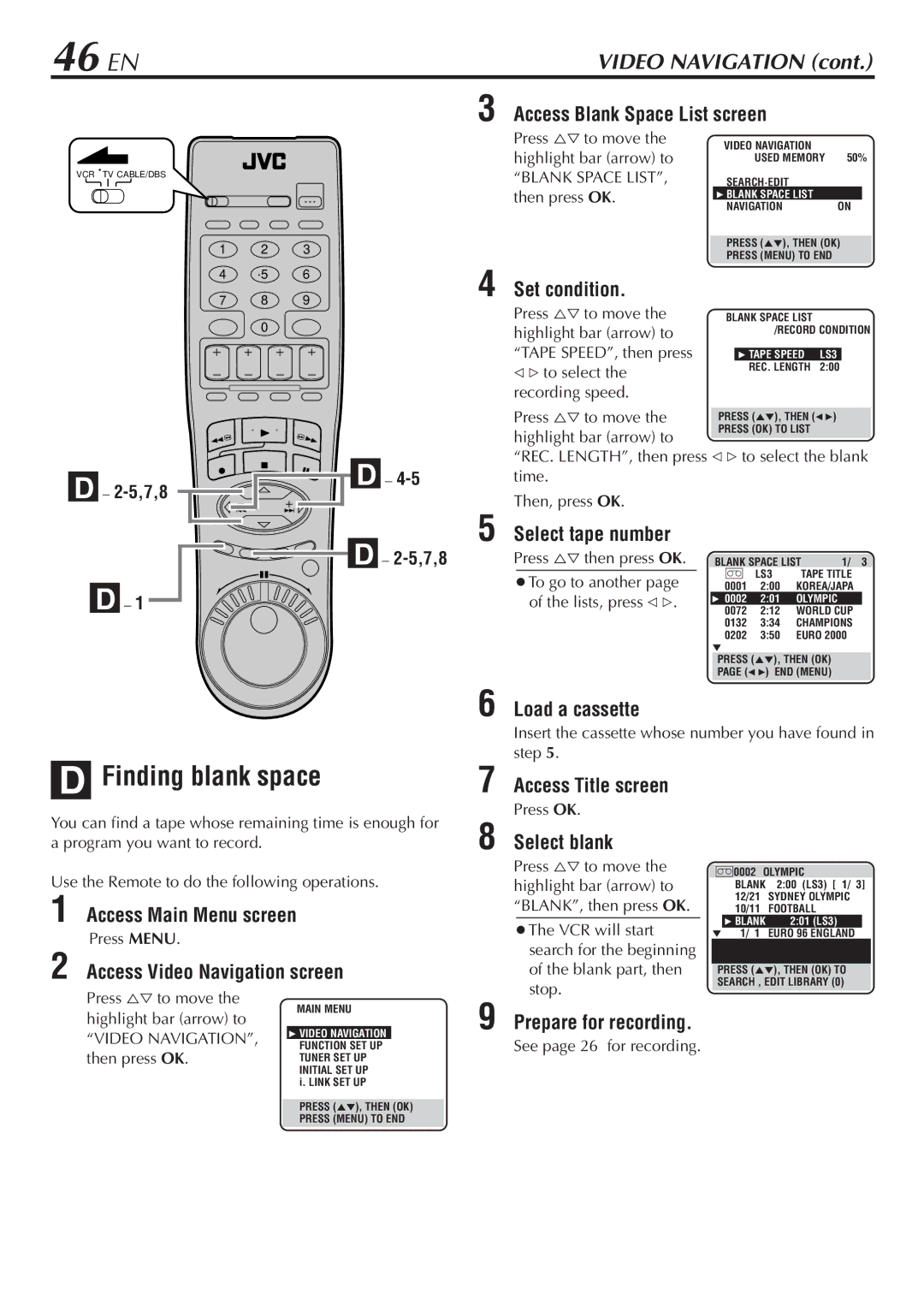 JVC HM-DH30000U manual 46 EN, Finding blank space 