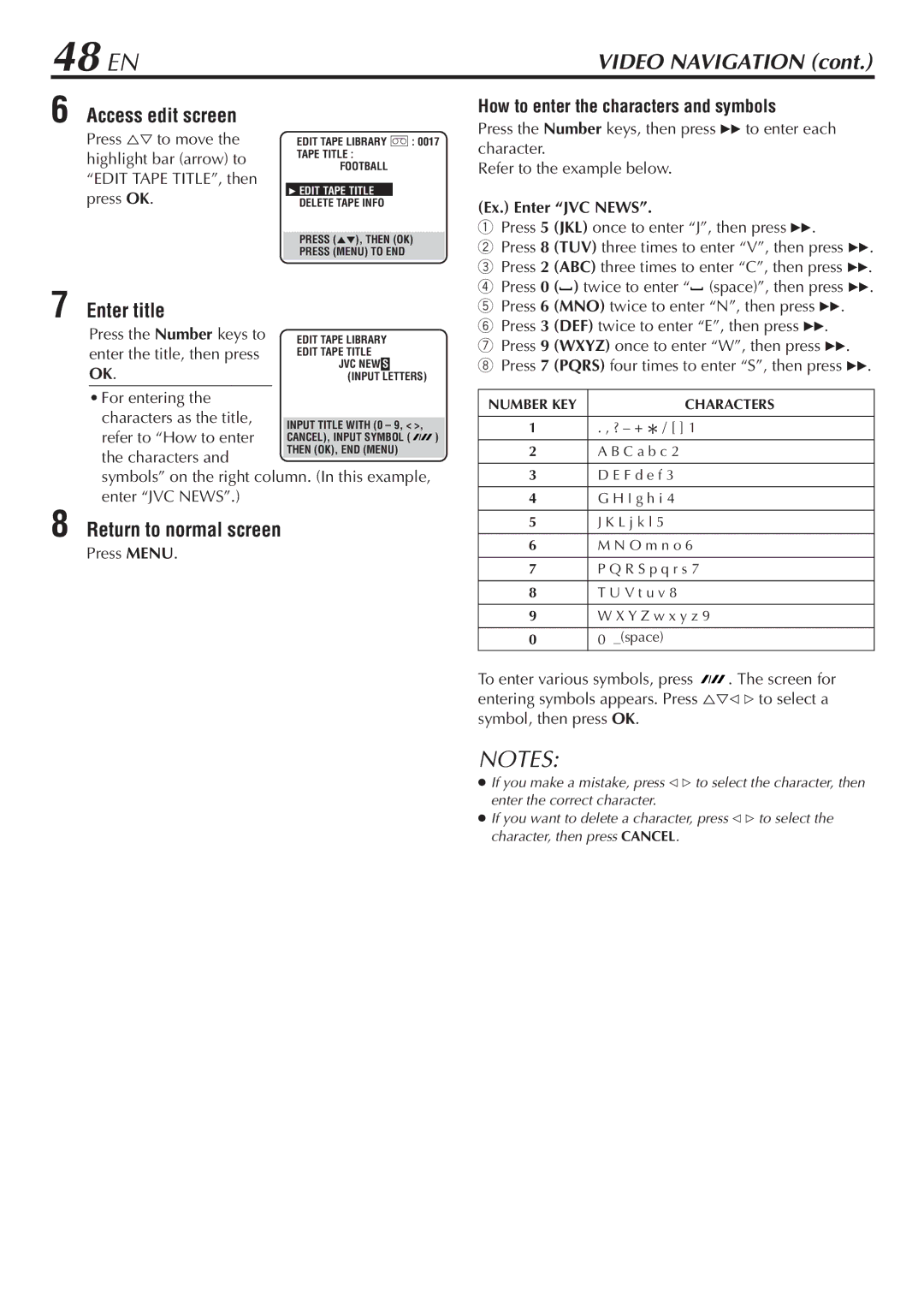 JVC HM-DH30000U manual 48 EN, Access edit screen, Enter title, How to enter the characters and symbols 