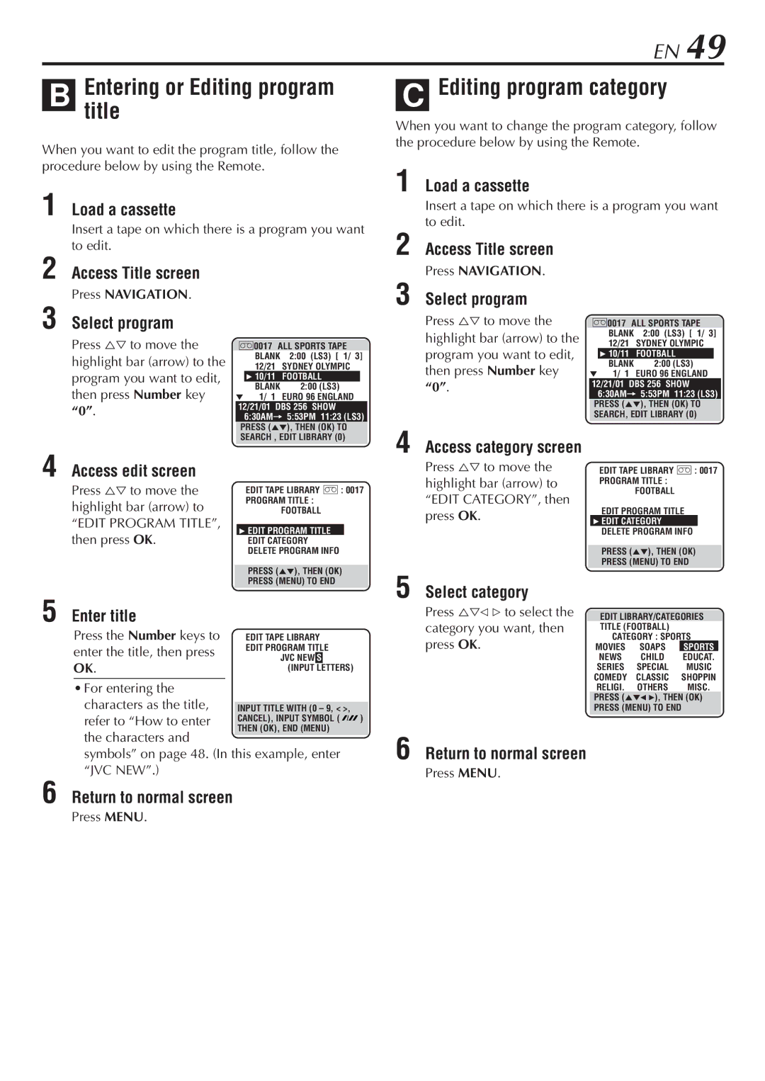 JVC HM-DH30000U Editing program category, Access category screen Access edit screen, Press Navigation, Edit Program Title 