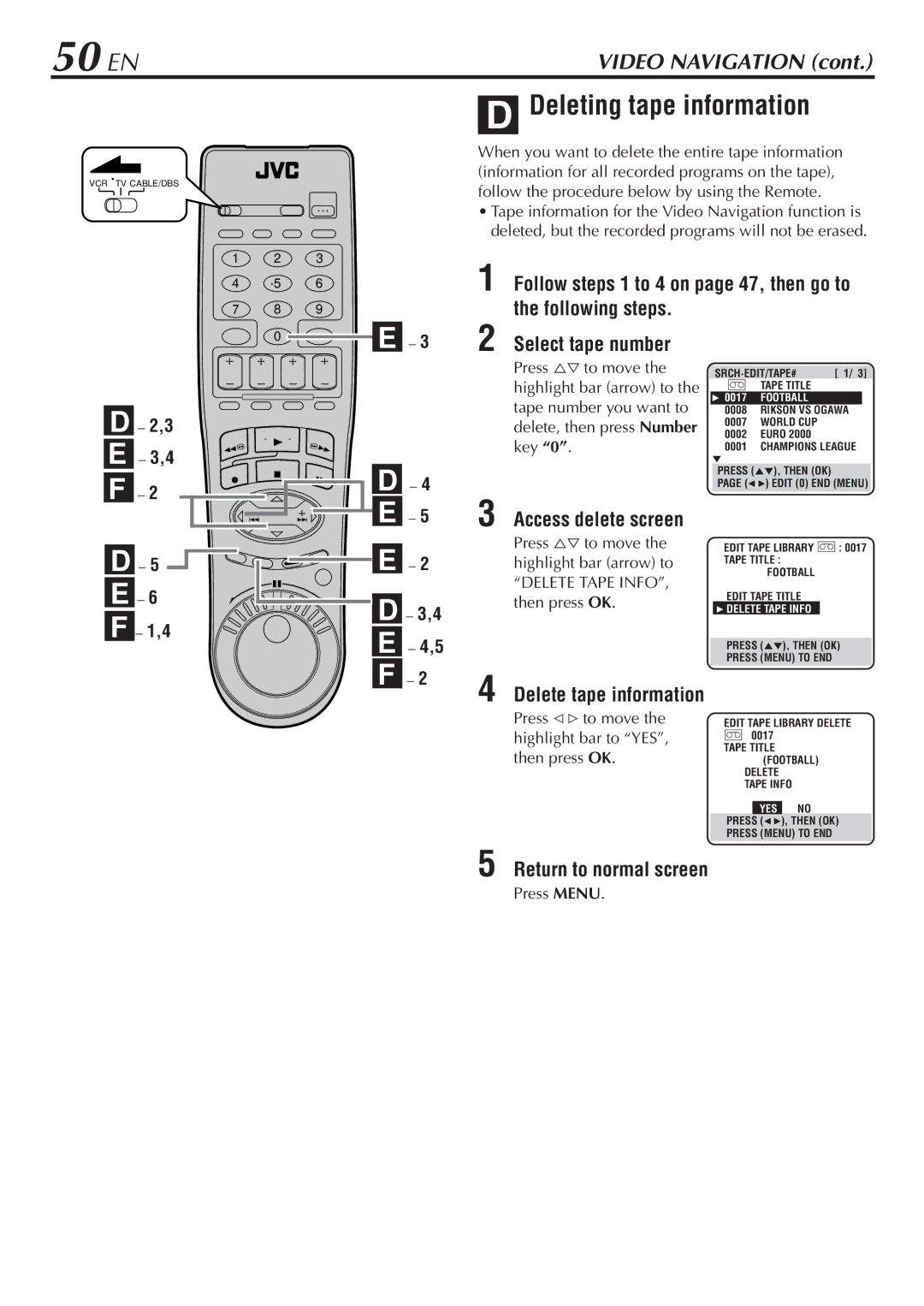 JVC HM-DH30000U manual 50 EN, Deleting tape information, Tape number you want to, Delete, then press Number, Key 