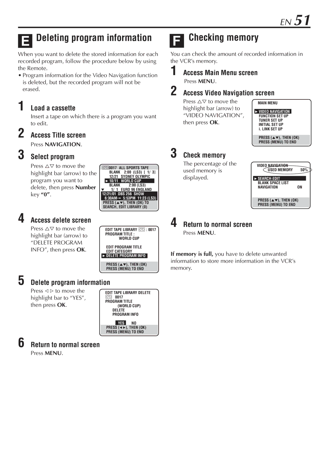 JVC HM-DH30000U manual Deleting program information, Checking memory, Check memory, Access delete screen 