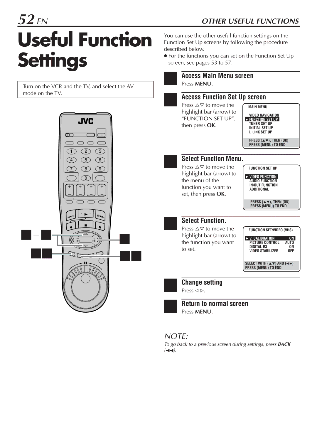 JVC HM-DH30000U manual Useful Function Settings, 52 EN, Access Function Set Up screen, Select Function, Change setting 