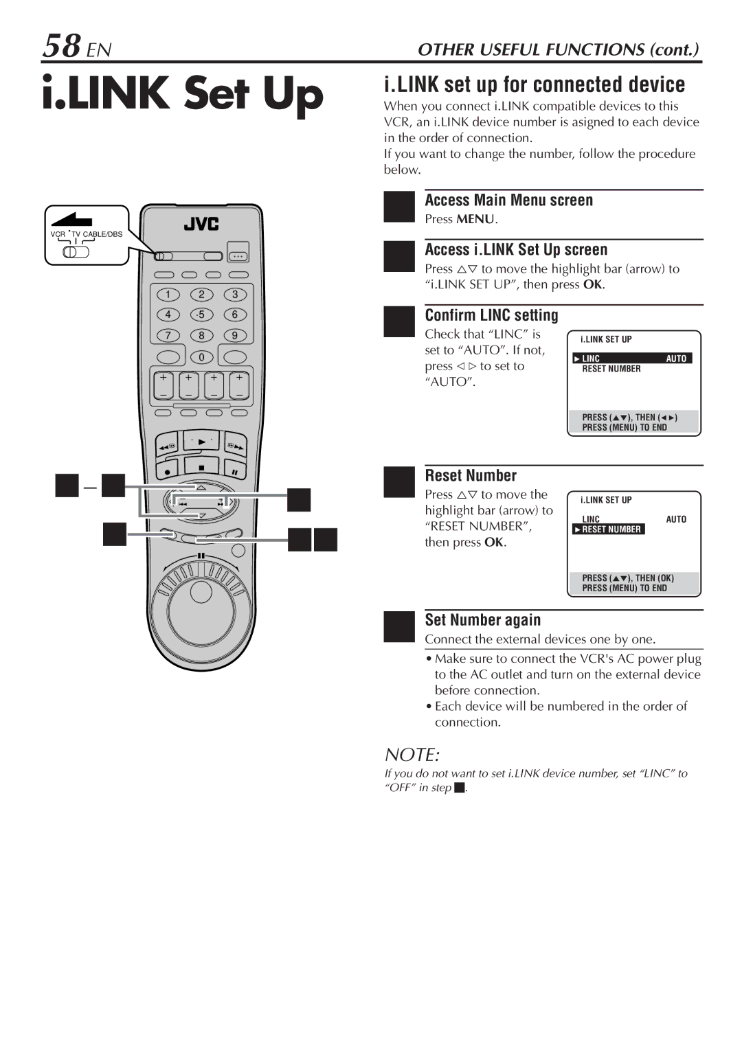 JVC HM-DH30000U manual Link Set Up, 58 EN, Access i.LINK Set Up screen, Reset Number, Set Number again 