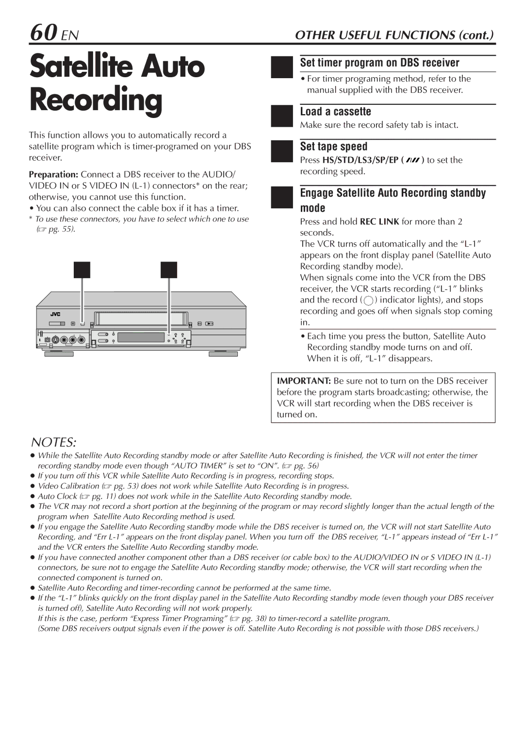 JVC HM-DH30000U manual 60 EN, Set timer program on DBS receiver, Engage Satellite Auto Recording standby Mode 