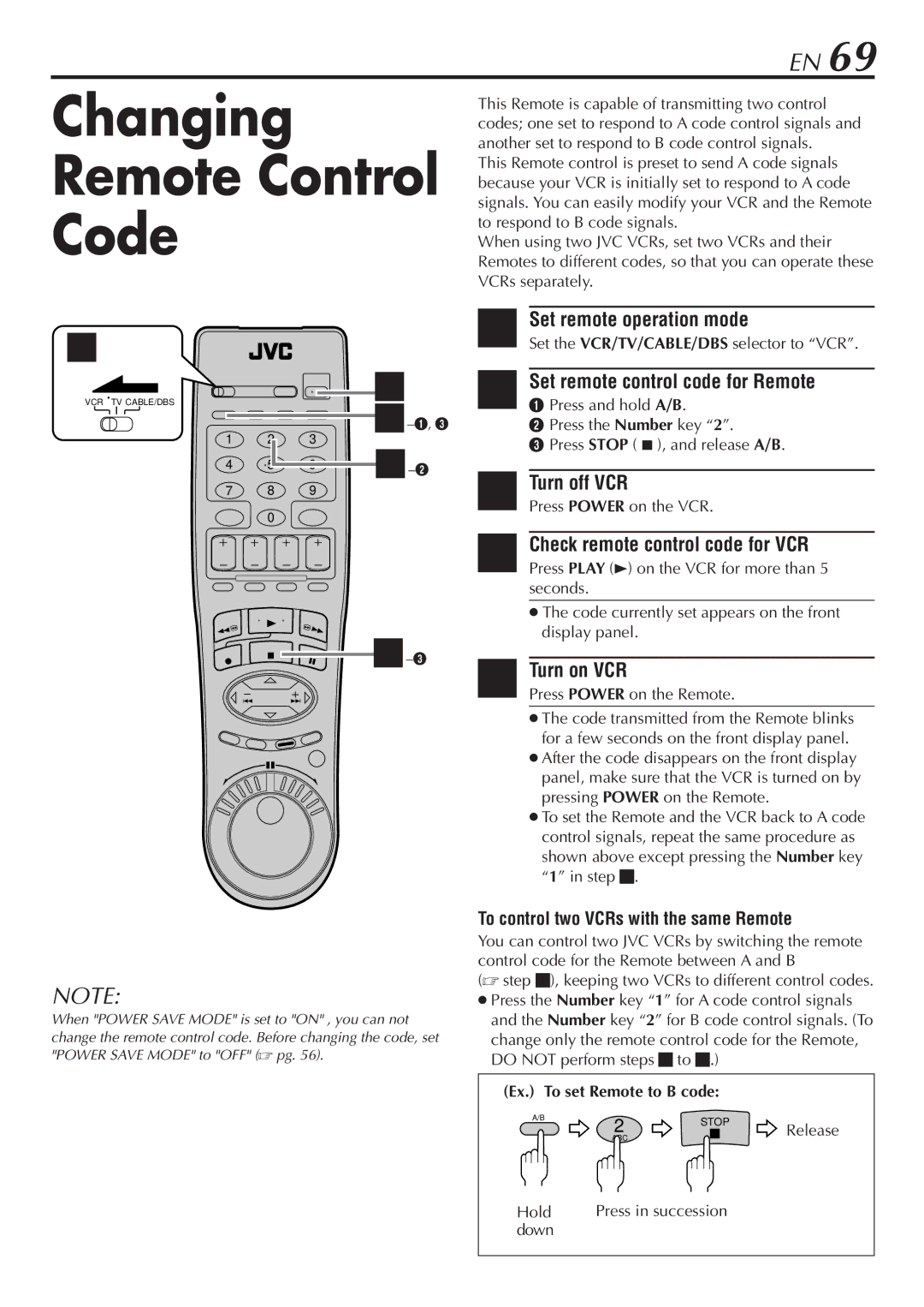 JVC HM-DH30000U manual Changing Remote Control Code, Set remote control code for Remote, Turn off VCR, Turn on VCR 