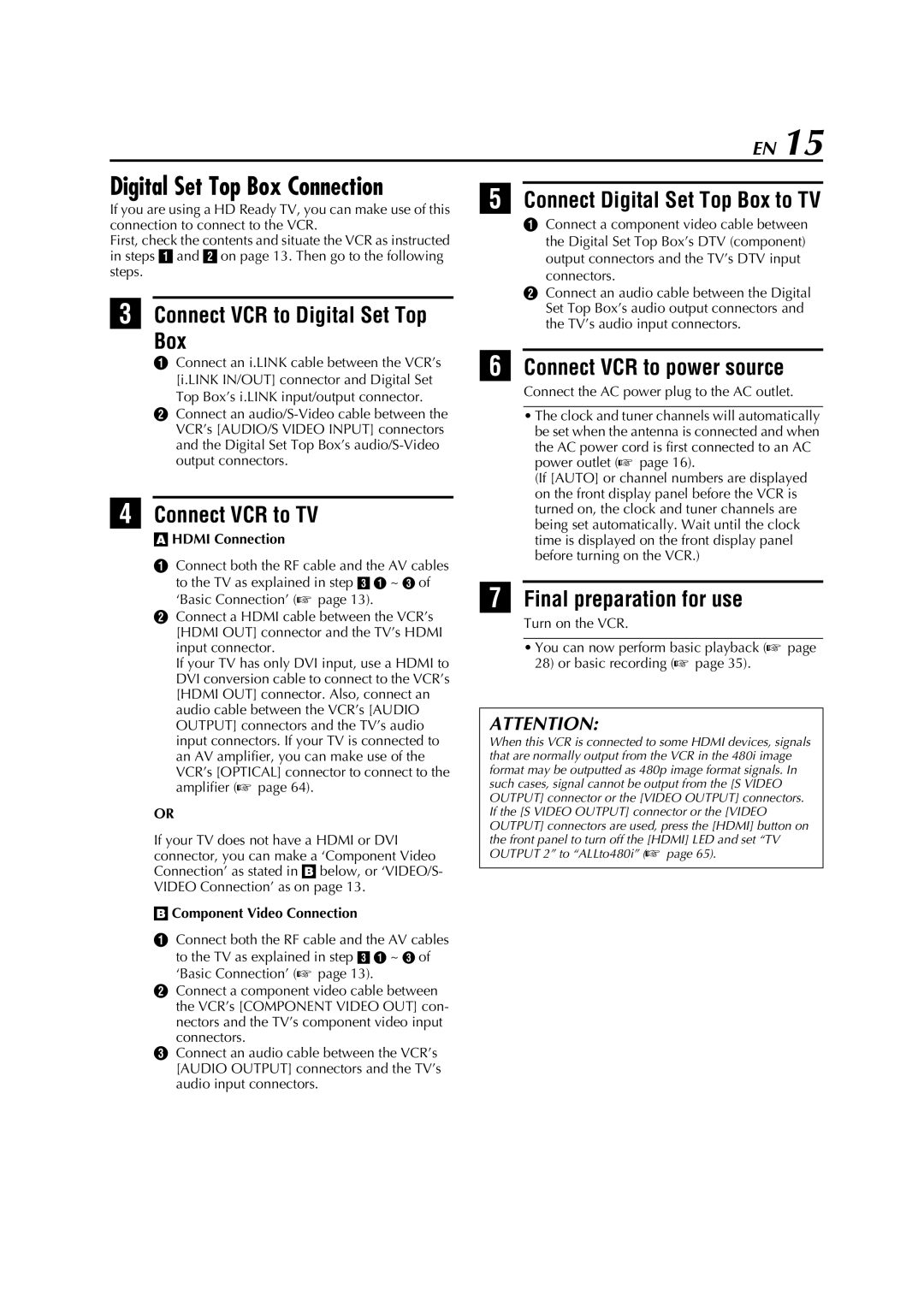 JVC HM-DH5U manual Digital Set Top Box Connection, Hdmi Connection, Component Video Connection 