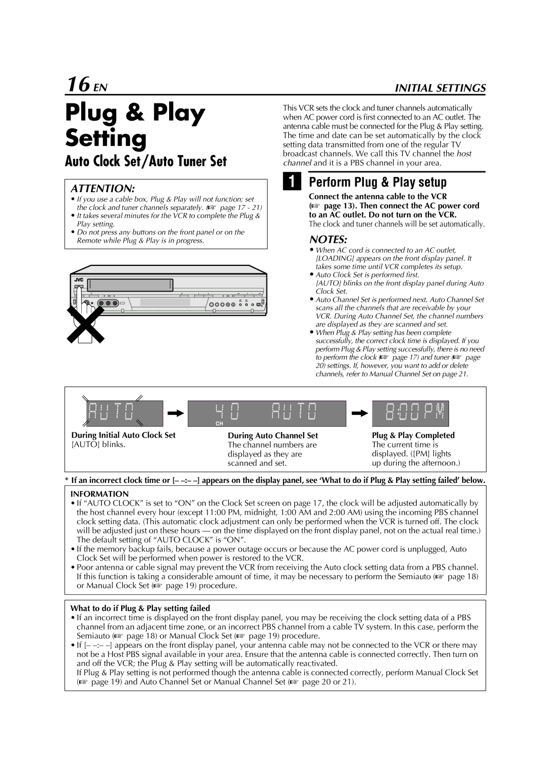 JVC HM-DH5U manual Plug & Play Setting, 16 EN, Auto Clock Set/Auto Tuner Set, Perform Plug & Play setup, Information 