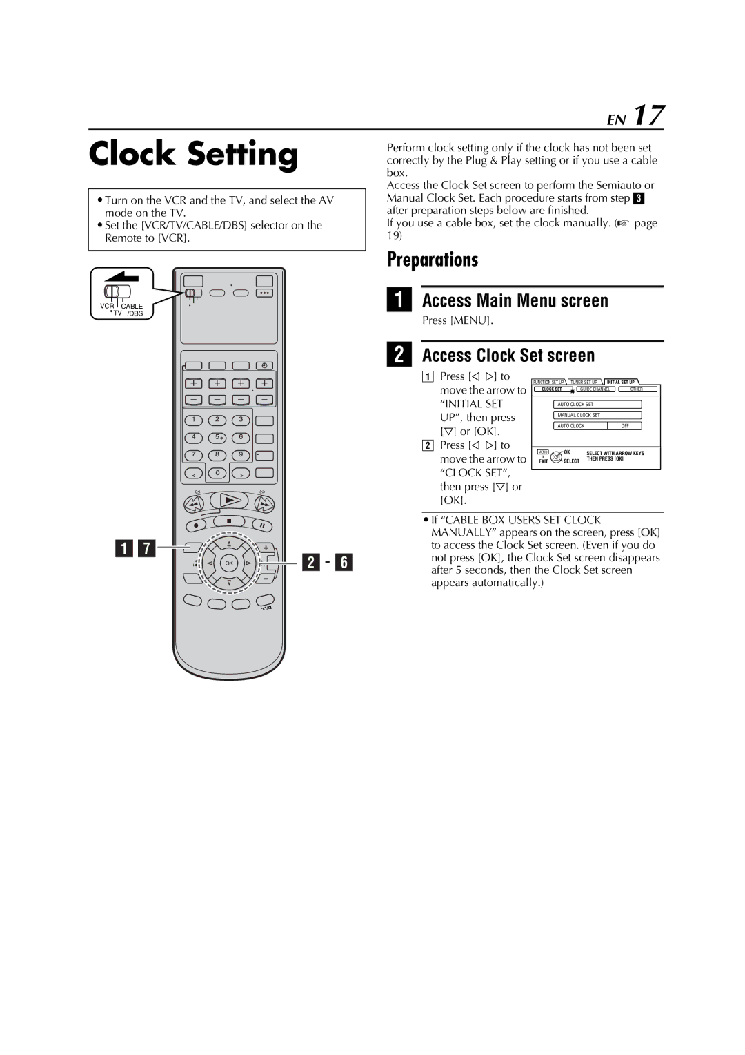 JVC HM-DH5U manual Clock Setting, Preparations, Access Main Menu screen, Access Clock Set screen 