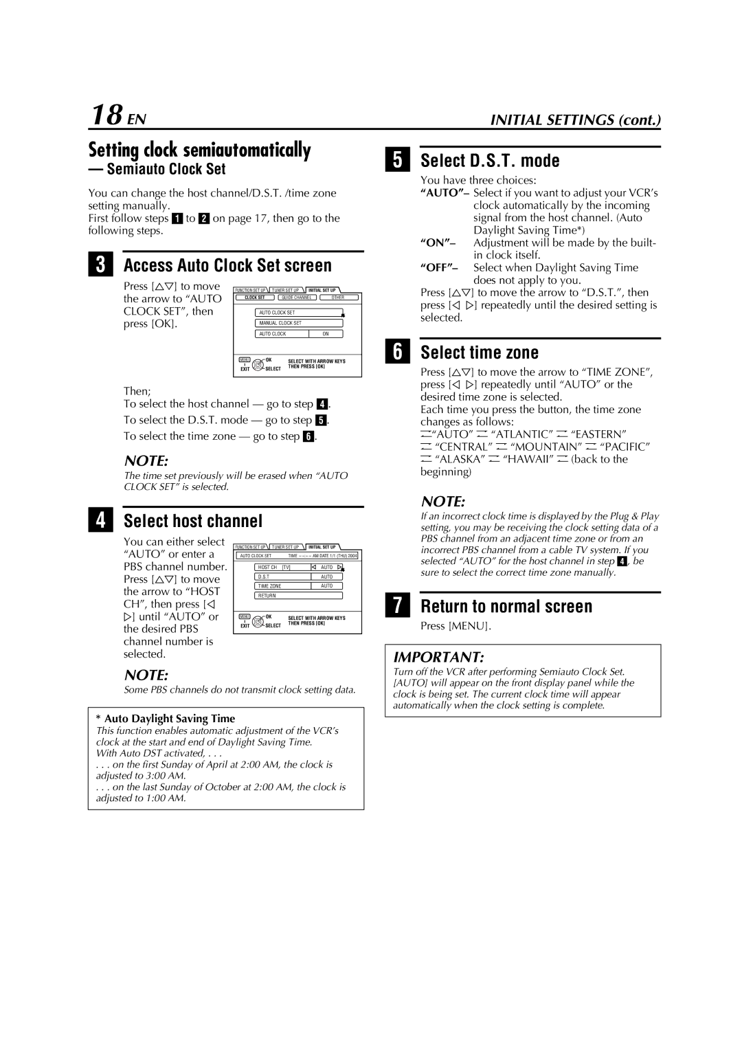 JVC HM-DH5U manual 18 EN, Access Auto Clock Set screen Select D.S.T. mode, Select time zone, Select host channel 