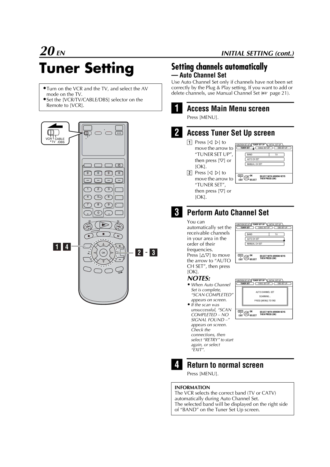 JVC HM-DH5U Tuner Setting, 20 EN, Setting channels automatically, Access Tuner Set Up screen, Perform Auto Channel Set 