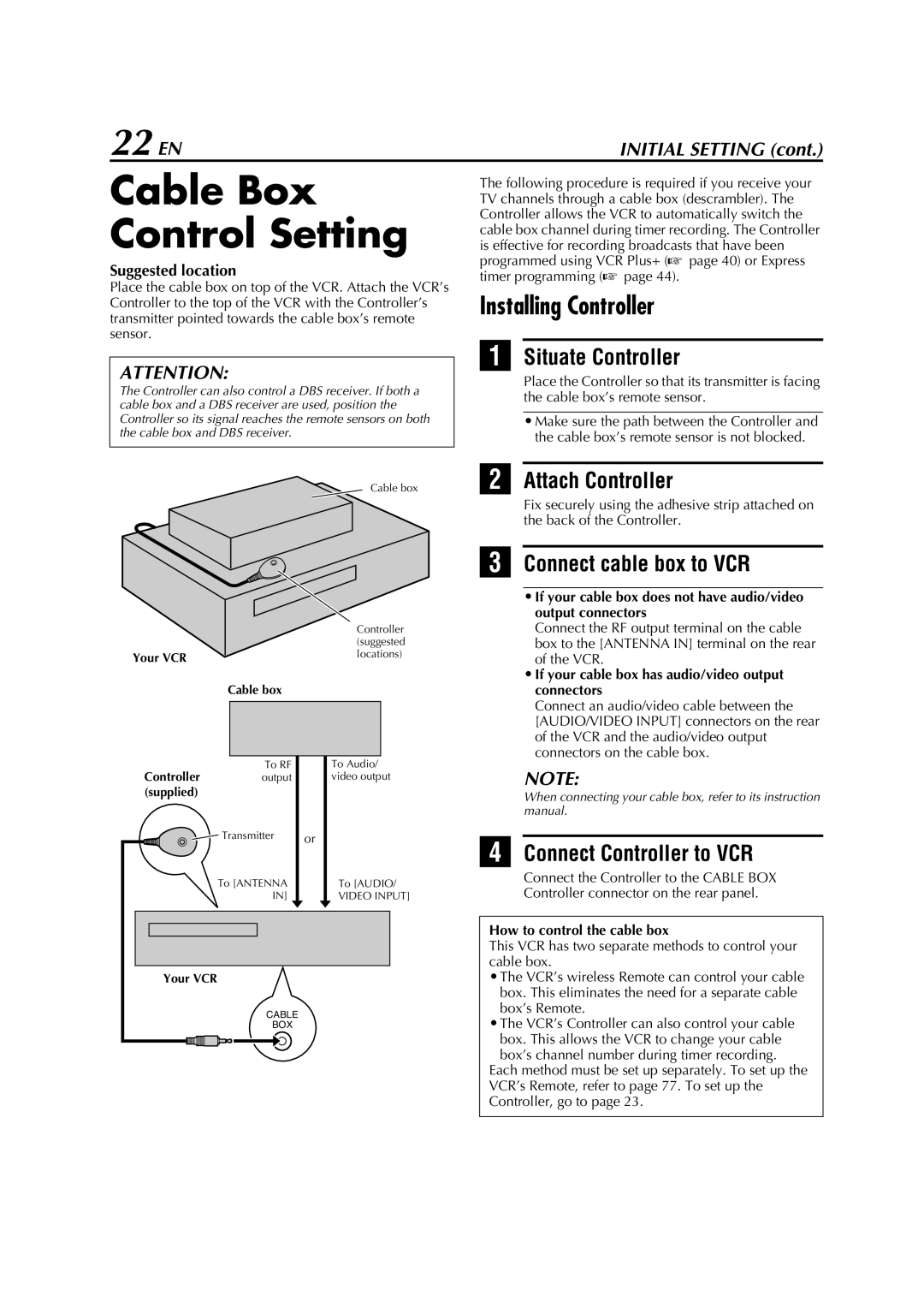 JVC HM-DH5U manual Cable Box Control Setting, 22 EN, Installing Controller 