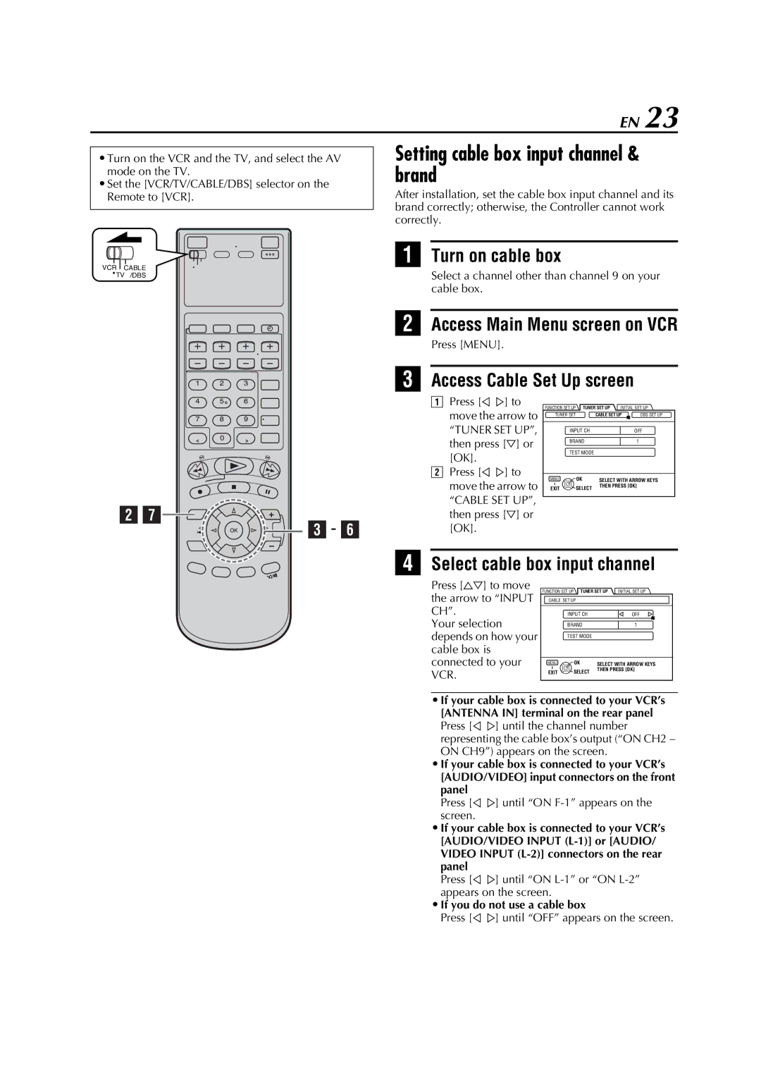 JVC HM-DH5U manual Setting cable box input channel & brand, Turn on cable box, Access Cable Set Up screen 